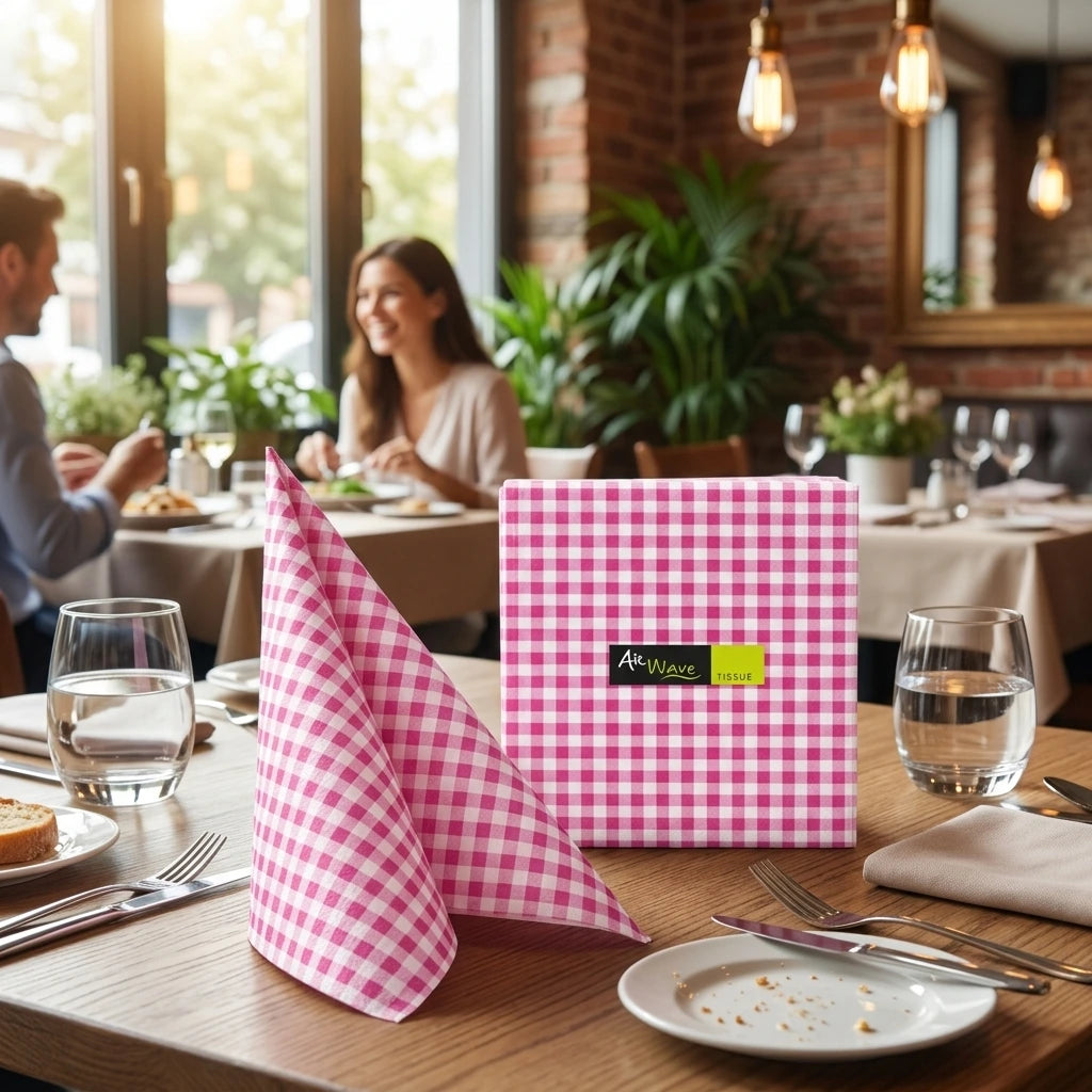Tovagliolo Vichy Fuxia Airwave cm. 33X33 - 1200 pz. | Vorrei che i prodotti selezionati siano ambientati in un bel ristorante luminoso e realistico, sono tutti tovaglioli monouso in carta pertanto non devono assolu