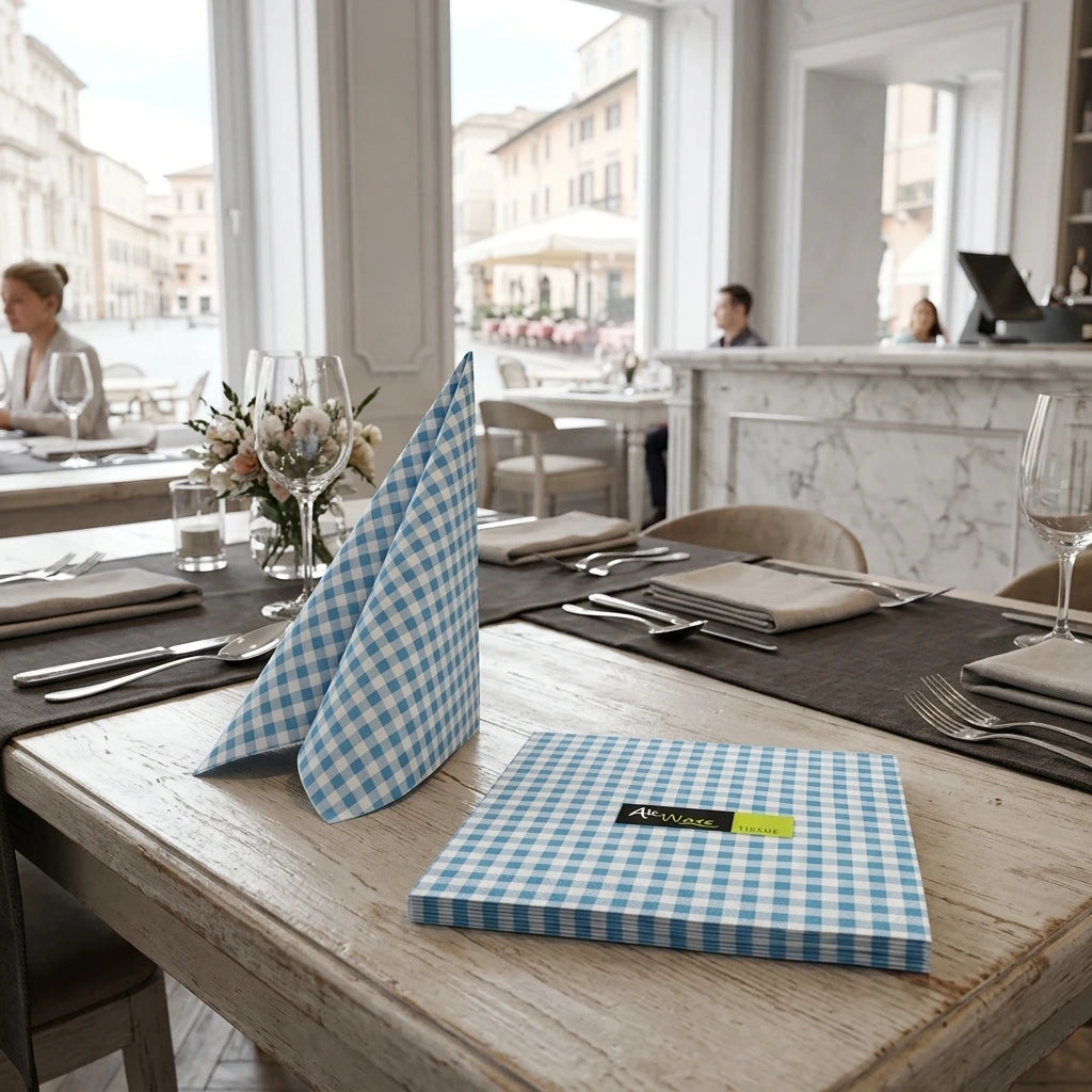 Tovagliolo Vichy Mare Airwave cm. 33X33 - 1200 pz. | Vorrei che i prodotti selezionati siano ambientati in un bel ristorante luminoso e realistico, sono tutti tovaglioli monouso in carta pertanto non devono assolu