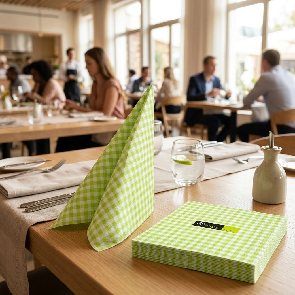 Tovagliolo Vichy Mela Airwave cm. 33X33 - 1200 pz. | Vorrei che i prodotti selezionati siano ambientati in un bel ristorante luminoso e realistico, sono tutti tovaglioli monouso in carta pertanto non devono assolu