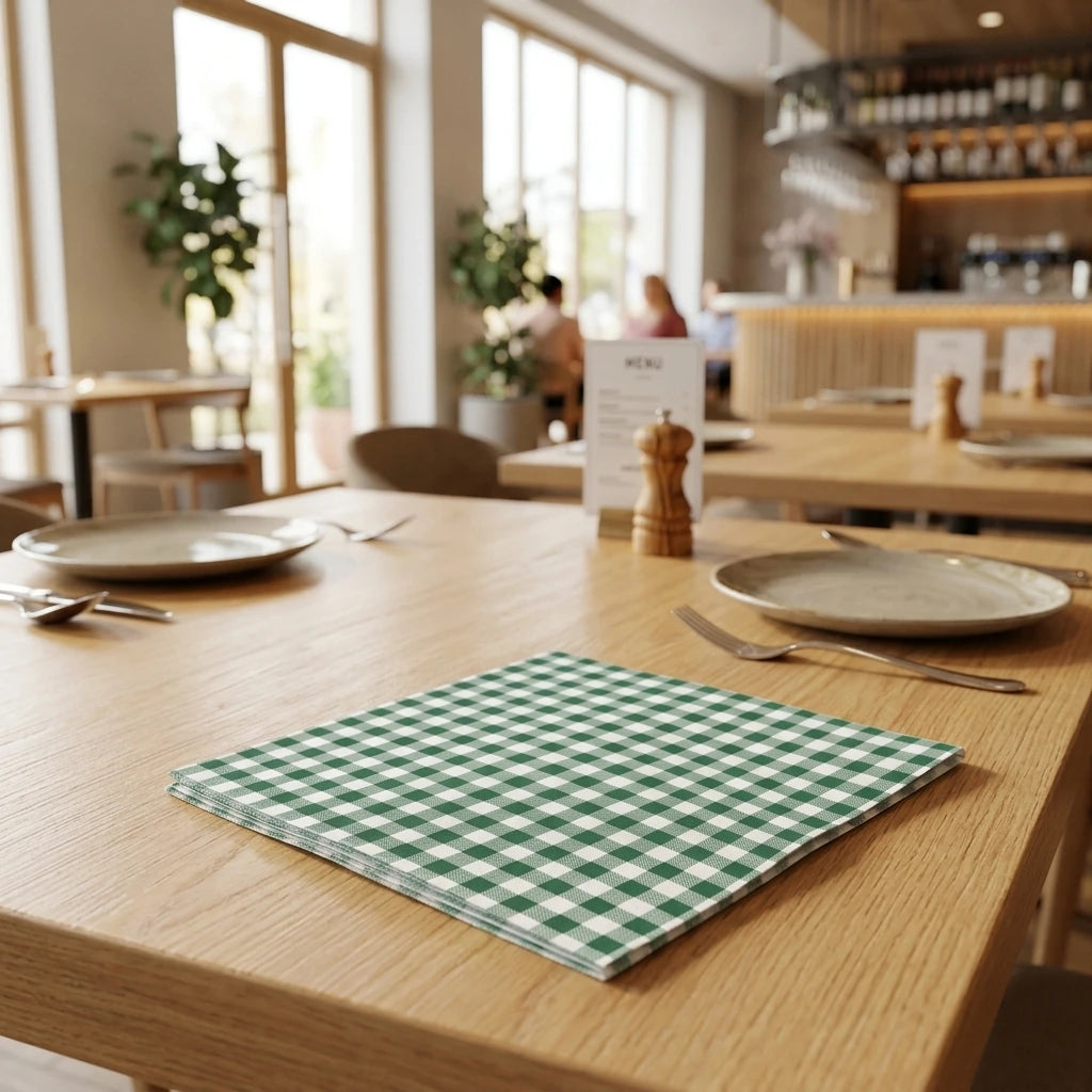 Tovagliolo Vichy Verde Airwave cm. 33X33 - 1200 pz. | Vorrei che i prodotti selezionati siano ambientati in un bel ristorante luminoso e realistico, sono tutti tovaglioli monouso in carta pertanto non devono assolu
