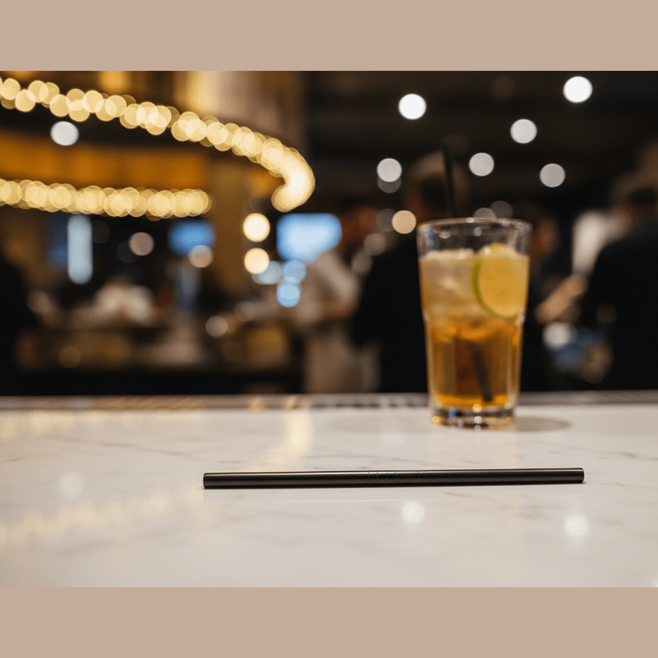 cannuccia nera da 21 cm. in primo bianco su bancone di bar affollato con bicchiere da cocktail in secondo piano