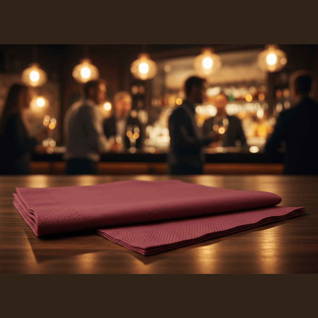 tovagliolo bordeaux in carta doppio velo su un tavolo di un bar affollato