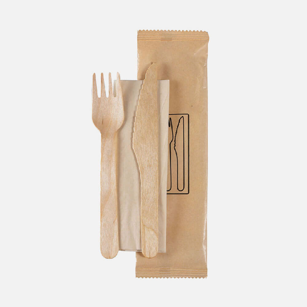 Bis - Set di Posate Forchetta e Coltello in Betulla con Tovagliolo cm. 30x30 Eco Marrone - Cartone da 480 pz.